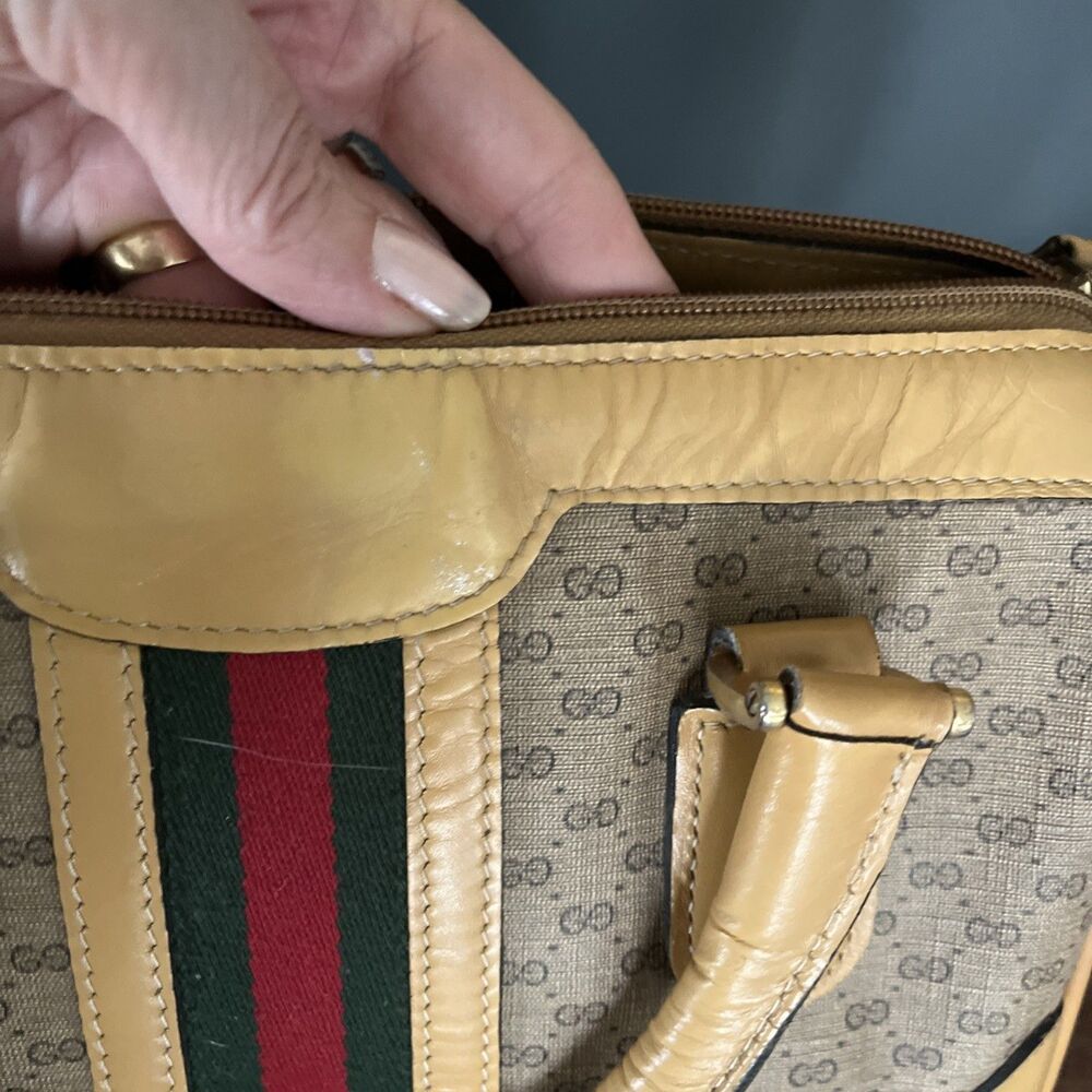 GUCCI Micro GG Sherry Line  Shoulder Bag Brown PVC & Leather Vintage Rare Tan - Picture 14 of 15